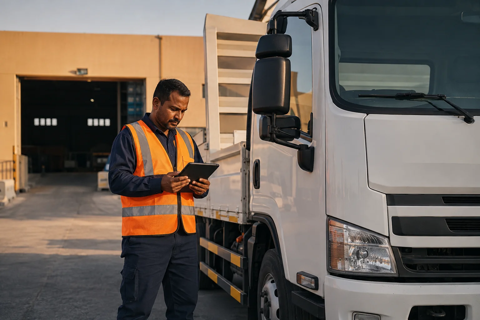 AI illustration of a professional driver reviewing a tablet beside a truck