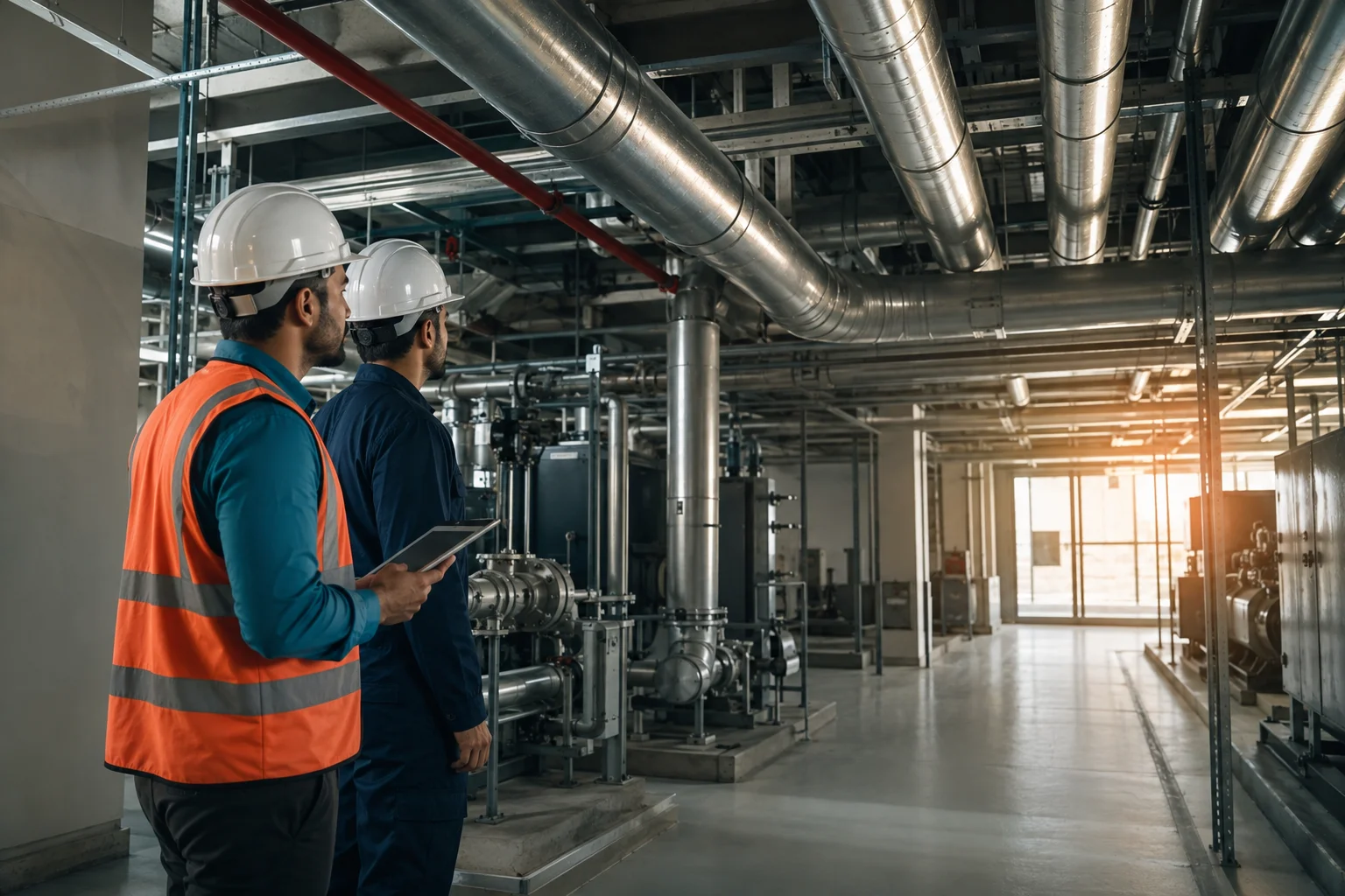 AI illustration of engineers inspecting mechanical systems