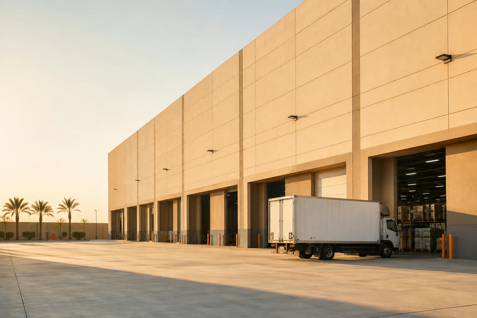 AI illustration of a warehouse loading area in warm afternoon light